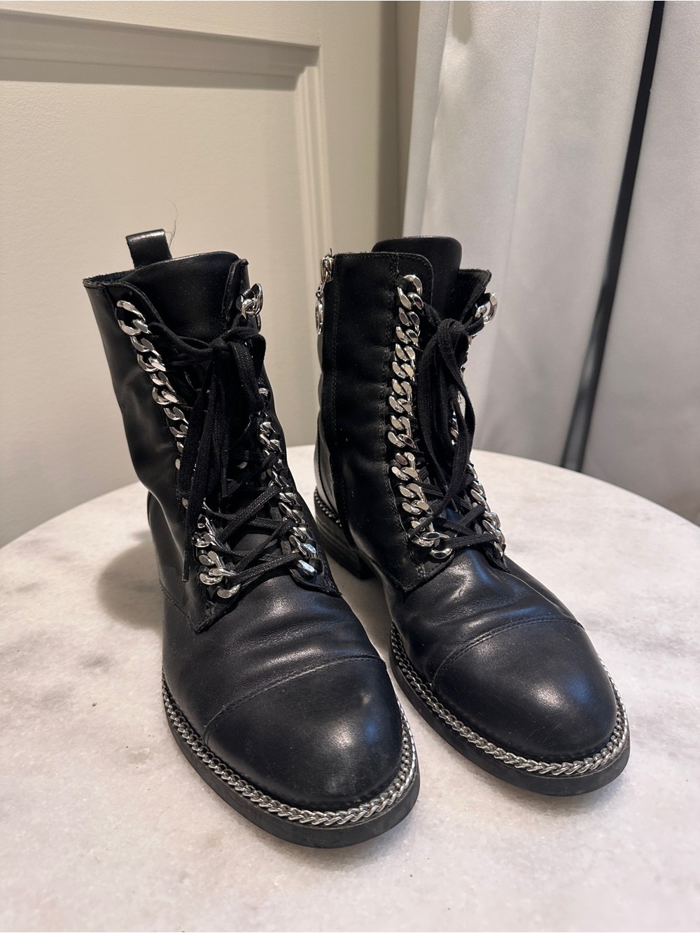 Women's Black Combat Boots with Silver Chain Trim